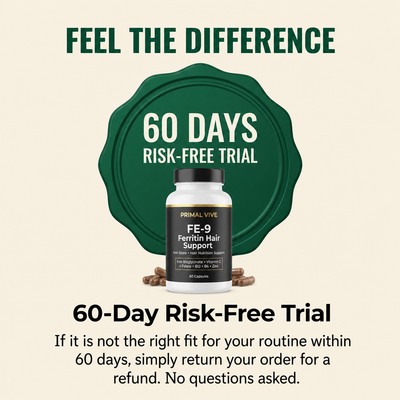 Primal Vive FE-9 Ferritin Hair Support 60 day guarantee