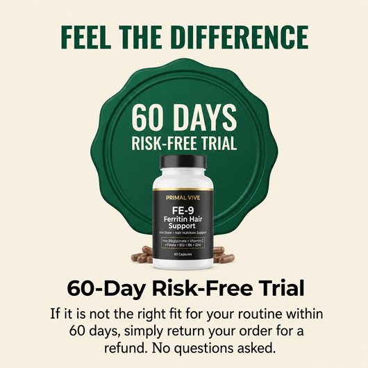 Primal Vive FE-9 Ferritin Hair Support 60 day guarantee
