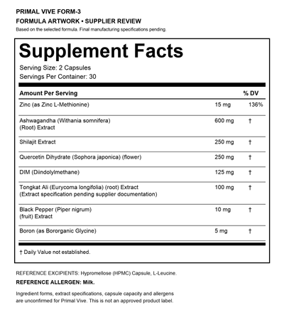 Primal Vive FORM-3 Supplement Facts — supplier-review draft; final manufacturing specifications pending.