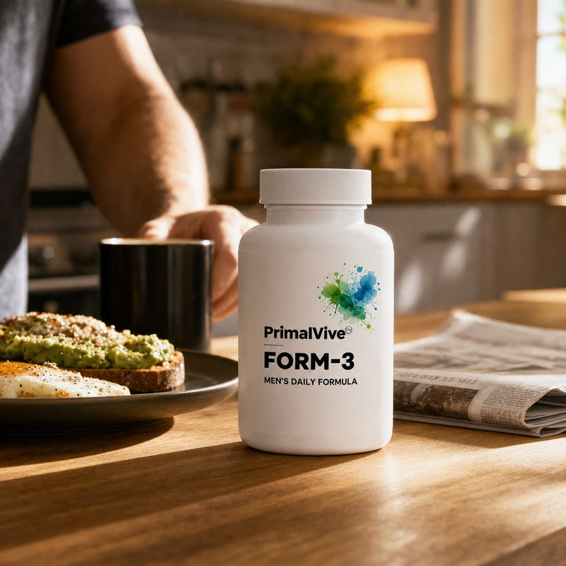 Illustrative scene of a tired man at his kitchen table holding FORM-3