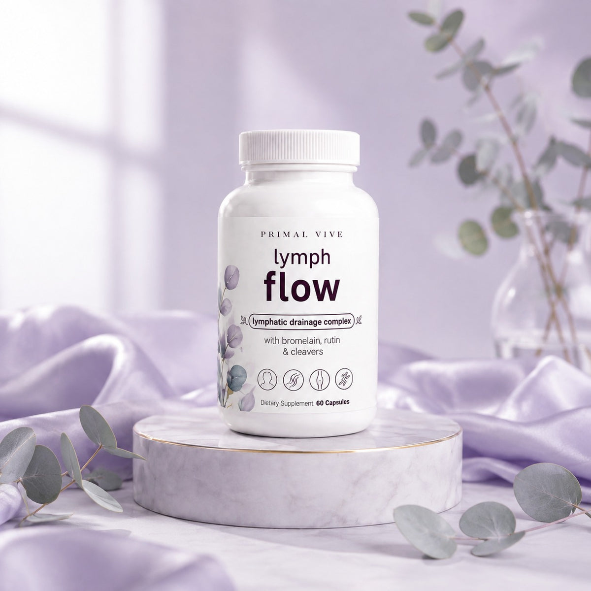Primal Vive Lymph Flow bottle on lavender silk