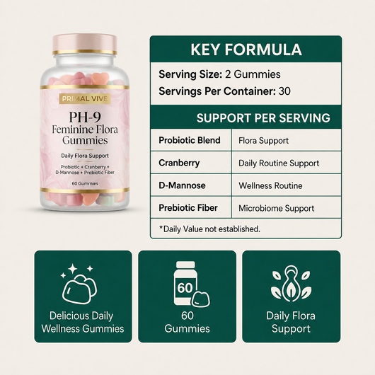 Primal Vive PH-9 Feminine Flora Gummies formula panel