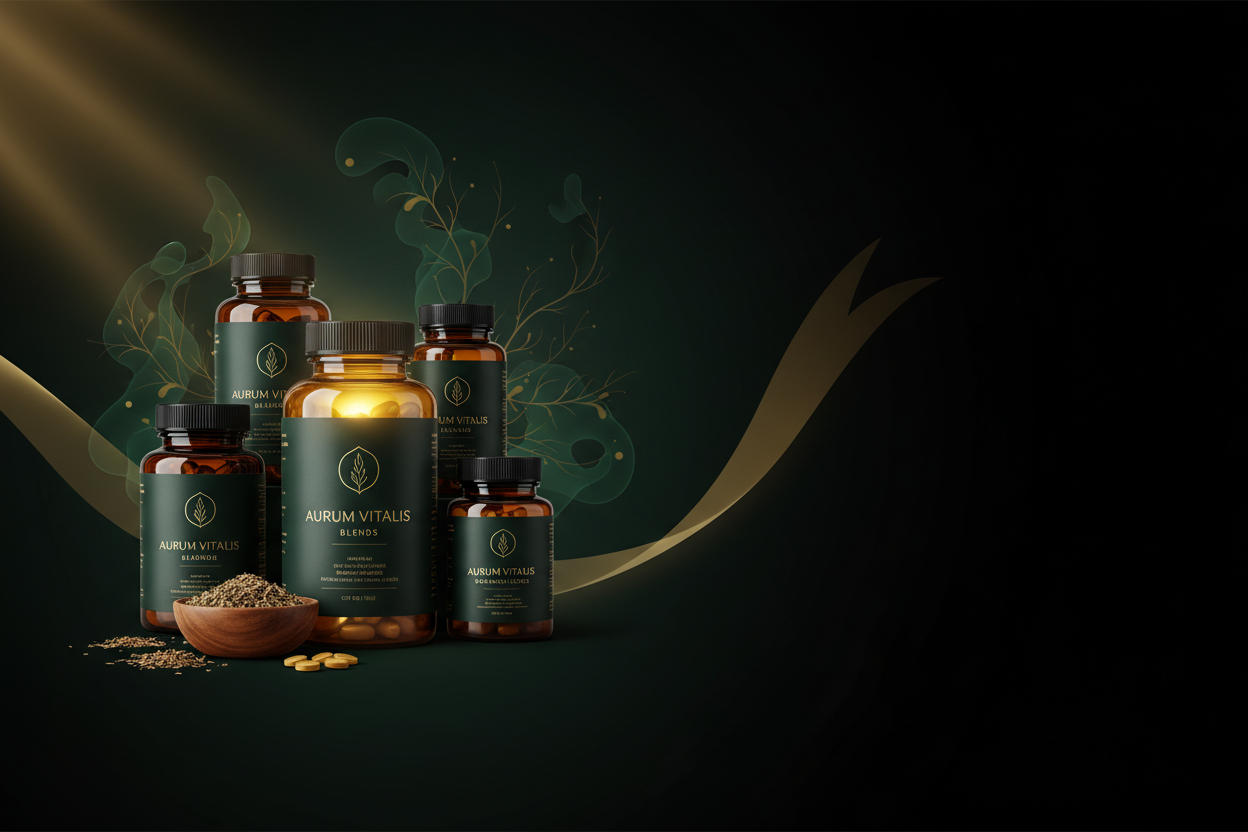 Premium supplement brand hero banner, sleek dark forest green and black gradient background with subtle gold accents, abstract organic shapes suggesting vitality and natural power, soft golden light rays breaking through from upper corner, clean minimalist aesthetic with plenty of negative space on right side for text overlay, earthy tones with hints of amber and deep green, professional product photography lighting style, modern wellness brand aesthetic, high-end luxury supplement feel, 8k quality, ultra s