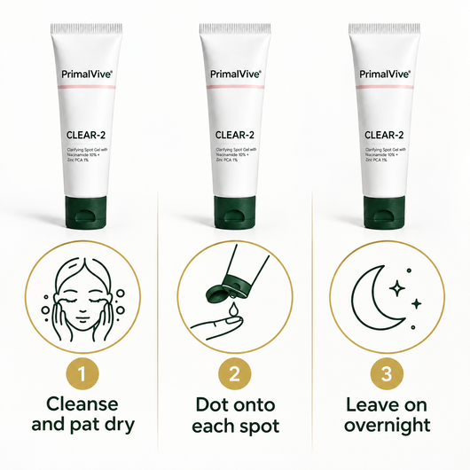 How to use CLEAR-2: cleanse, dot on each spot, leave on overnight