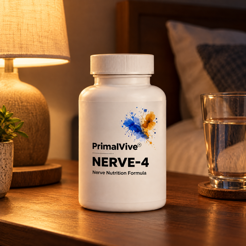 NERVE-4 bottle on a bedside table at night