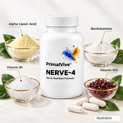 Illustration of NERVE-4 ingredients: alpha lipoic acid, benfotiamine, vitamin B1, vitamin B12