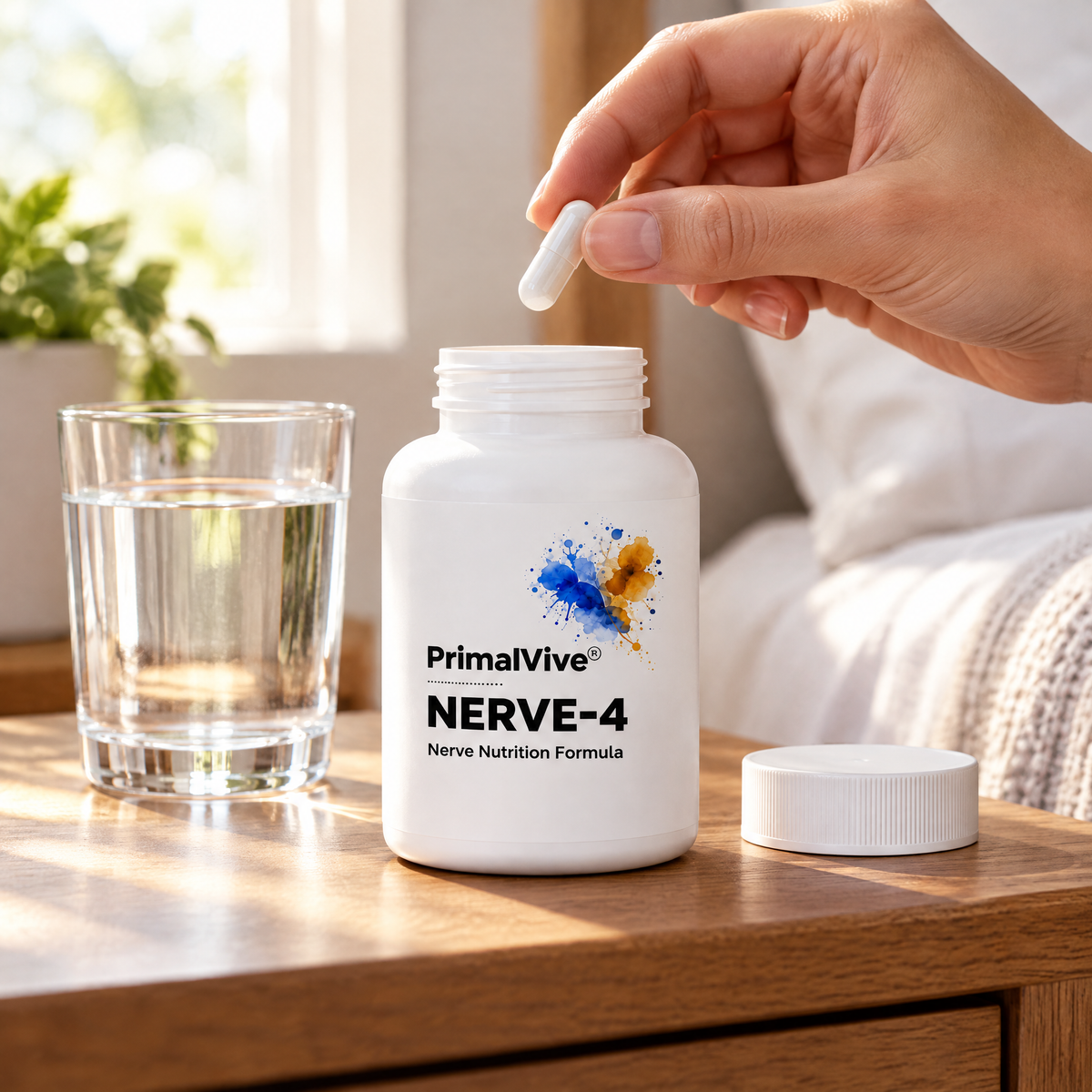 Taking a NERVE-4 capsule at the bedside in the morning