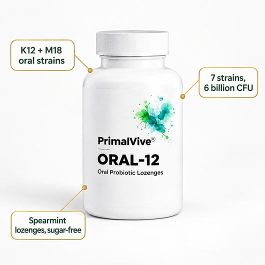 ORAL-12 key benefits: K12 + M18 oral strains, 7 strains with 6 billion CFU, spearmint lozenges, sugar-free