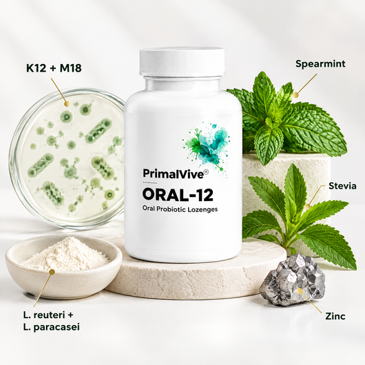 ORAL-12 ingredients: K12 + M18, L. reuteri + L. paracasei, spearmint, stevia, zinc