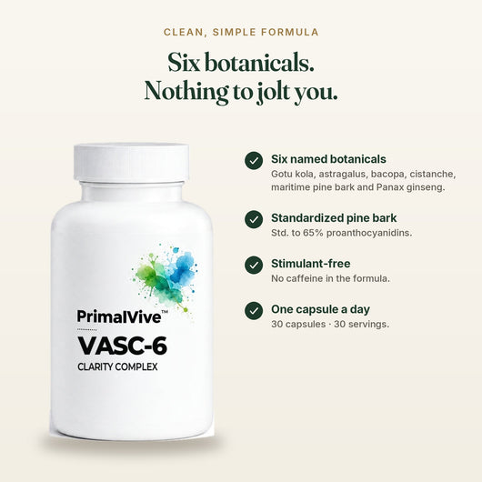 PrimalVive VASC-6 | Gotu Kola, Maritime Pine Bark 65%, Bacopa, Cistanche & Ginseng Complex