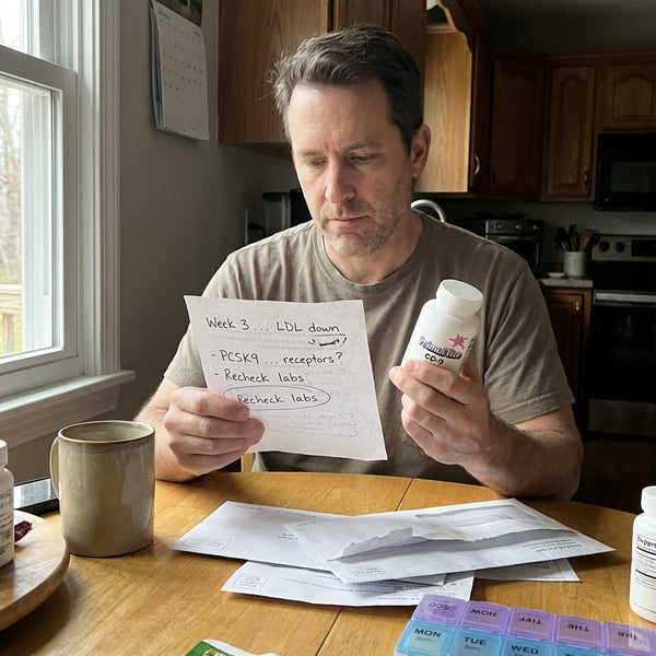 Man reviewing cholesterol lab results with CD-9 bottle
